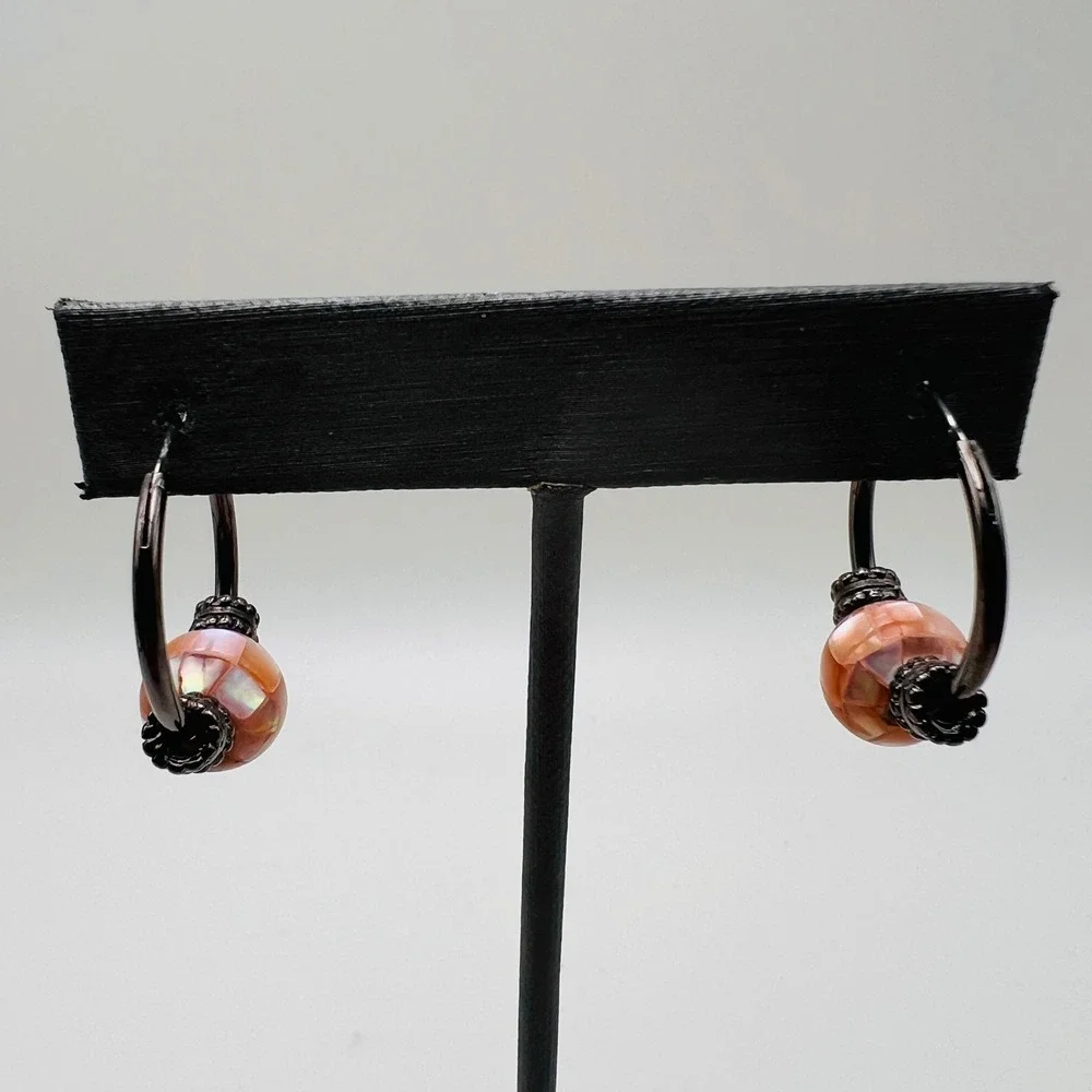 Gunmetal Hoop Earrings with Pink Mosaic Faux Mother of Pearl Shell Beads Boho